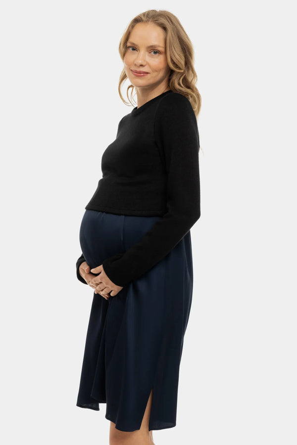 Rochie satinată cu pulover pentru gravide și alăptare - albastru închis