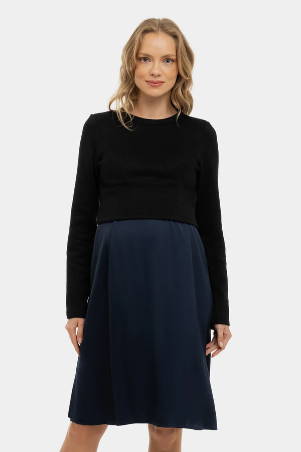 Rochie satinată cu pulover pentru gravide și alăptare - albastru închis