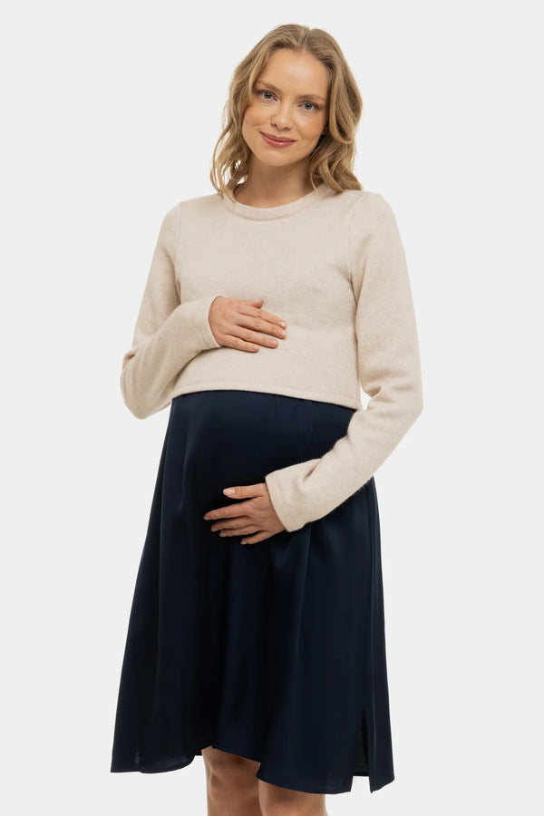 Rochie satinată cu pulover pentru gravide și alăptare - albastru închis
