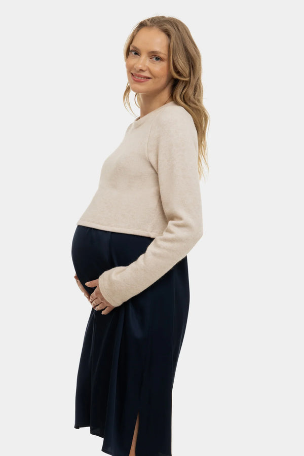 Rochie satinată cu pulover pentru gravide și alăptare - albastru închis