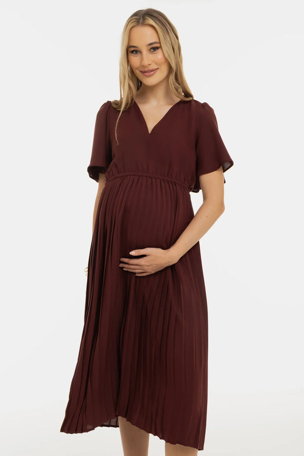 Rochie plisată de ocazie pentru gravide – maro