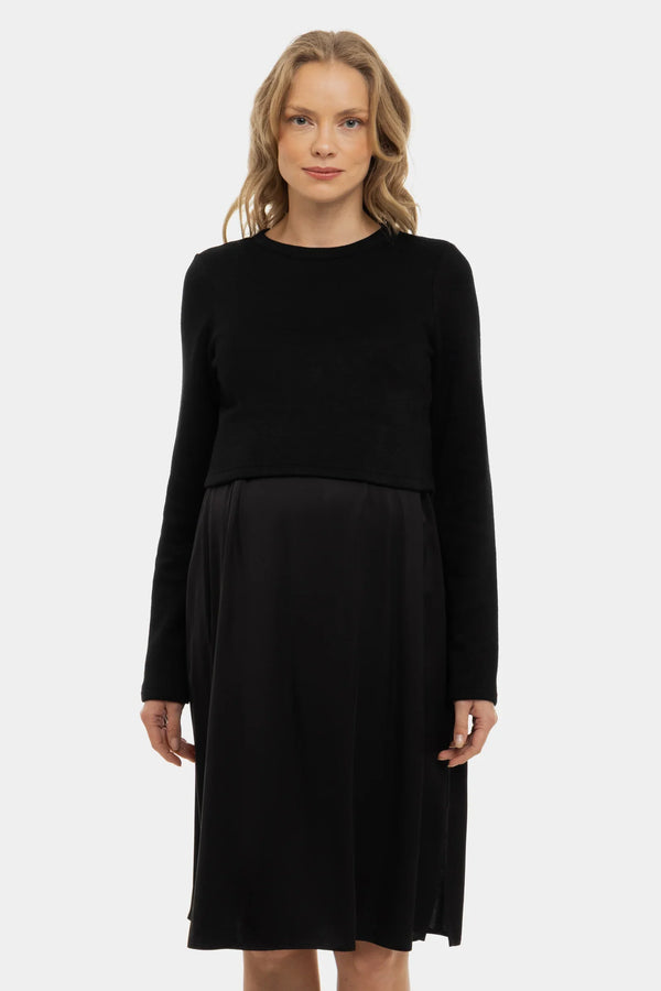 Rochie satinată cu pulover pentru gravide și alăptare - negru