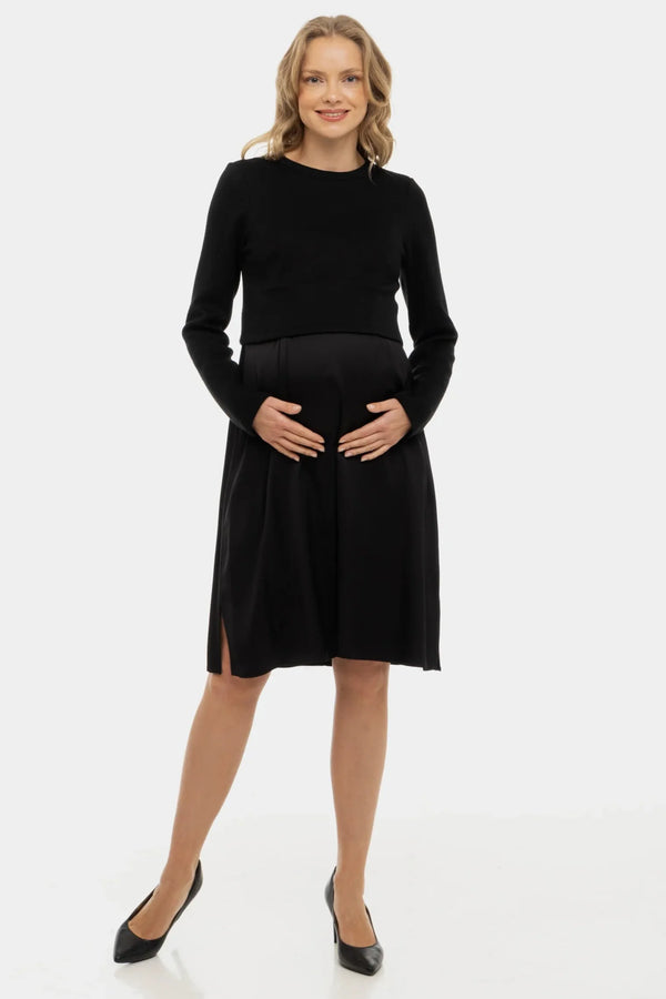 Rochie satinată cu pulover pentru gravide și alăptare - negru