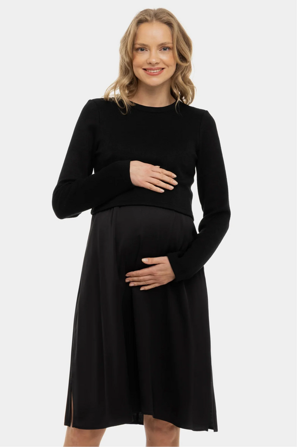 Rochie satinată cu pulover pentru gravide și alăptare - negru