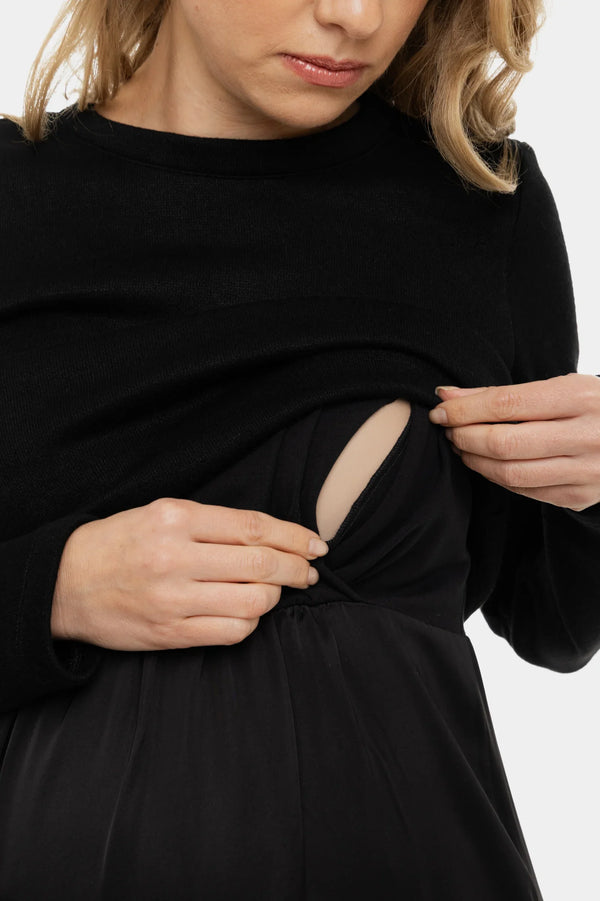 Rochie satinată cu pulover pentru gravide și alăptare - negru