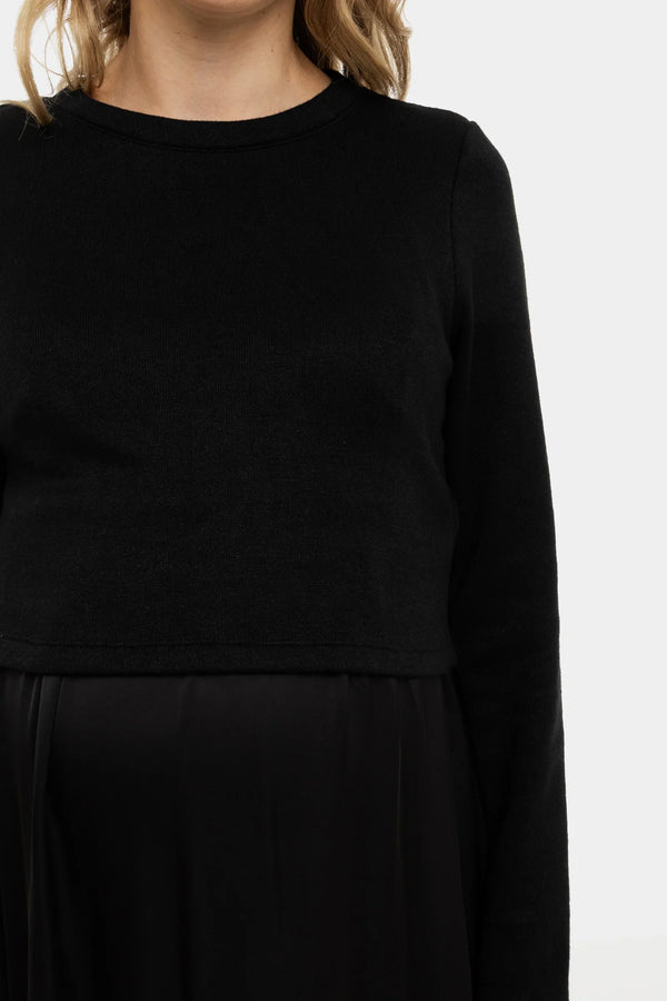 Rochie satinată cu pulover pentru gravide și alăptare - negru