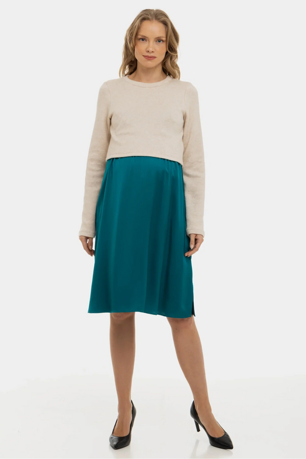 Rochie satinată cu pulover pentru gravide și alăptare - turcoaz