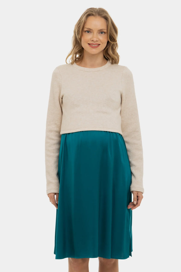 Rochie satinată cu pulover pentru gravide și alăptare - turcoaz