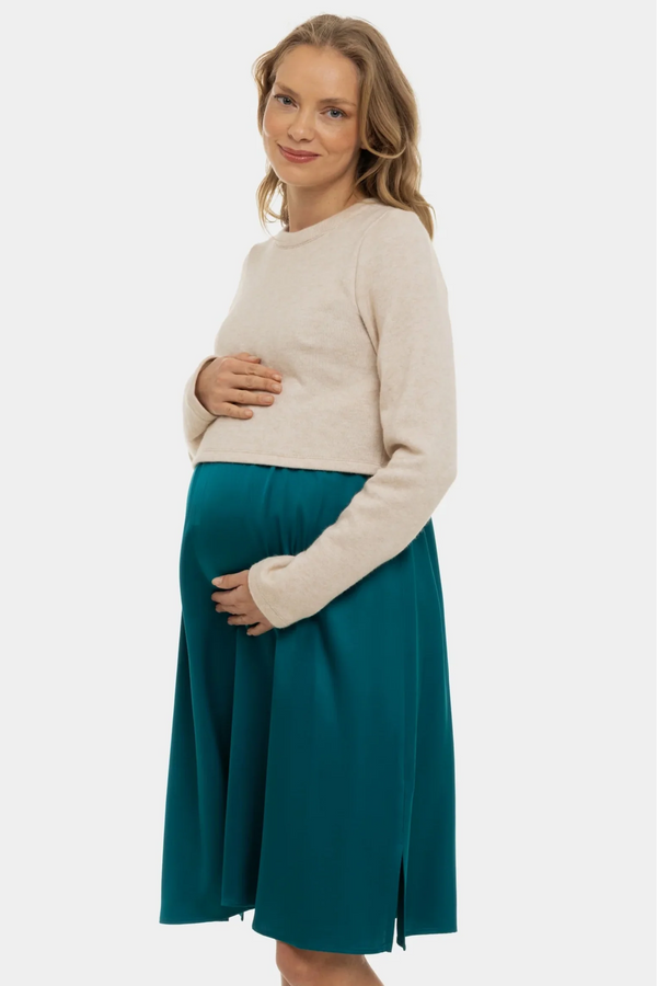 Rochie satinată cu pulover pentru gravide și alăptare - turcoaz