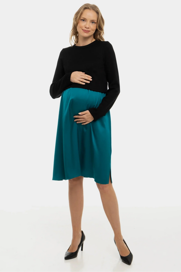 Rochie satinată cu pulover pentru gravide și alăptare - turcoaz
