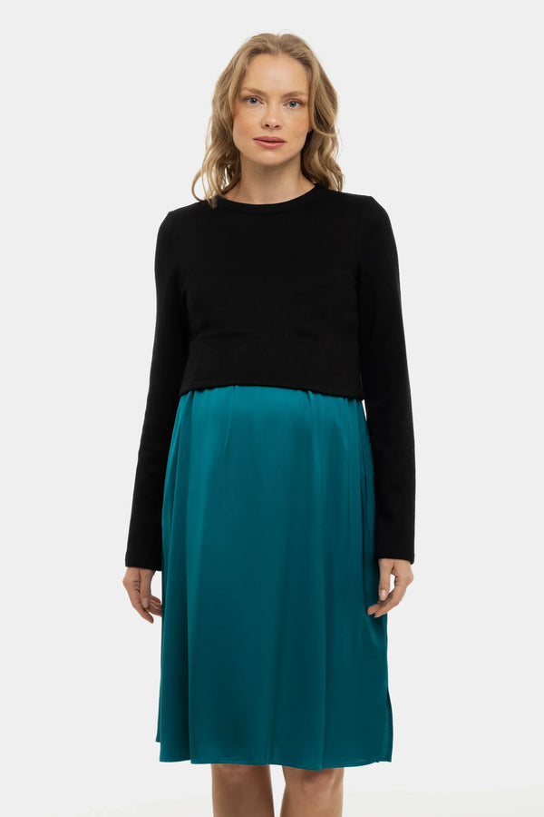 Rochie satinată cu pulover pentru gravide și alăptare - turcoaz