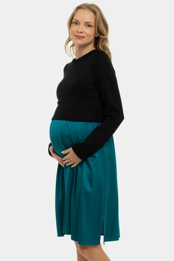 Rochie satinată cu pulover pentru gravide și alăptare - turcoaz