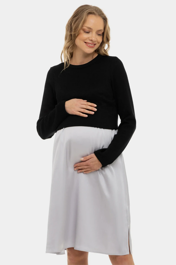 Rochie din satin cu pulover pentru gravide și alăptare - argintie