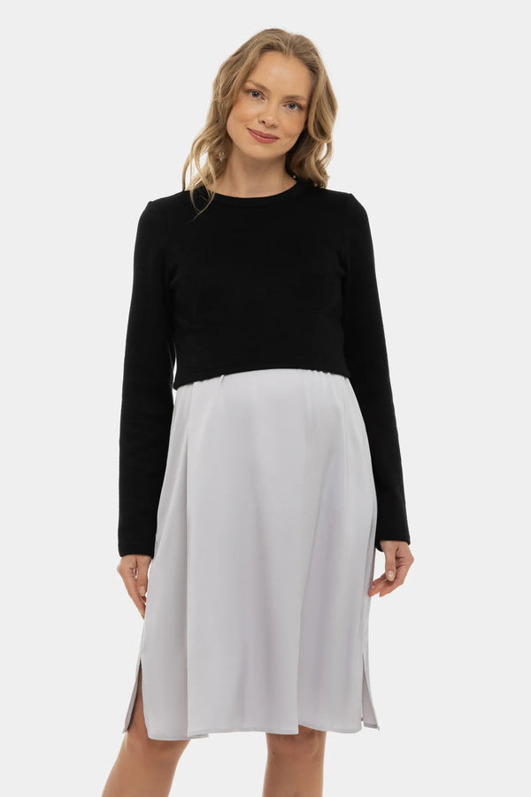 Rochie din satin cu pulover pentru gravide și alăptare - argintie
