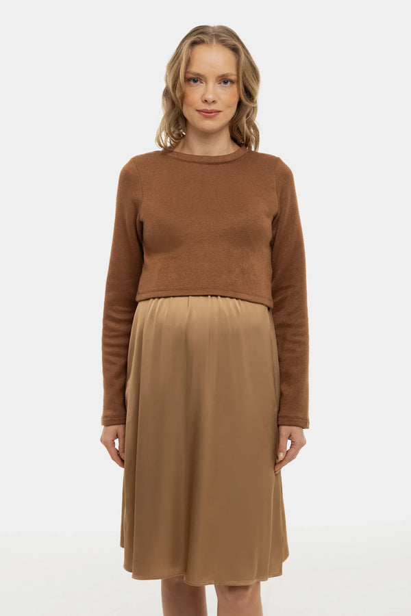 Rochie satinată cu pulover pentru gravide și alăptare - caramel