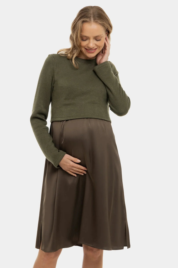 Rochie satinată cu pulover pentru gravide și alăptare - kaki