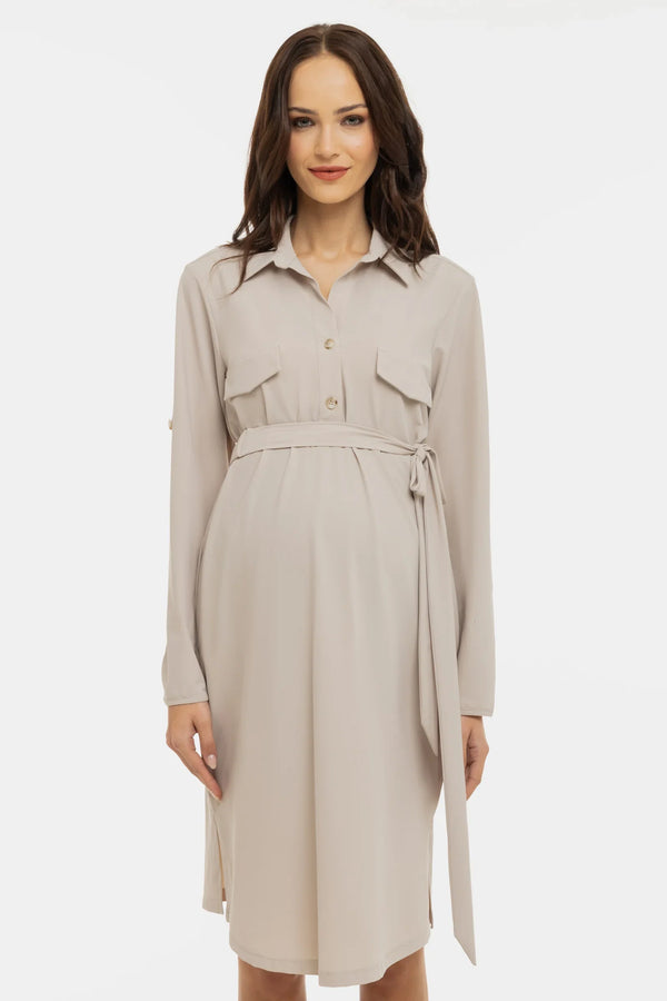 Rochie elastică cu guler pentru gravide și alăptare – bej