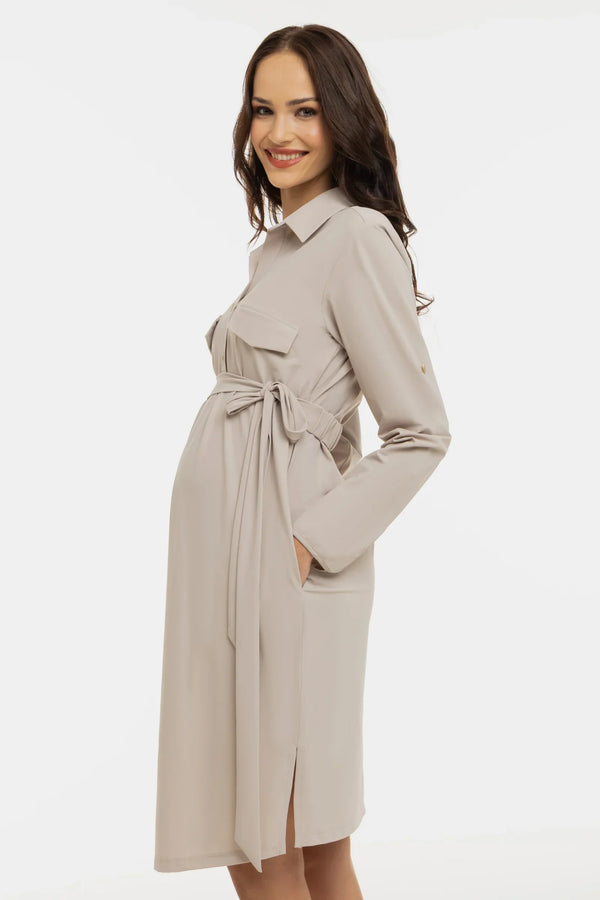 Rochie elastică cu guler pentru gravide și alăptare – bej