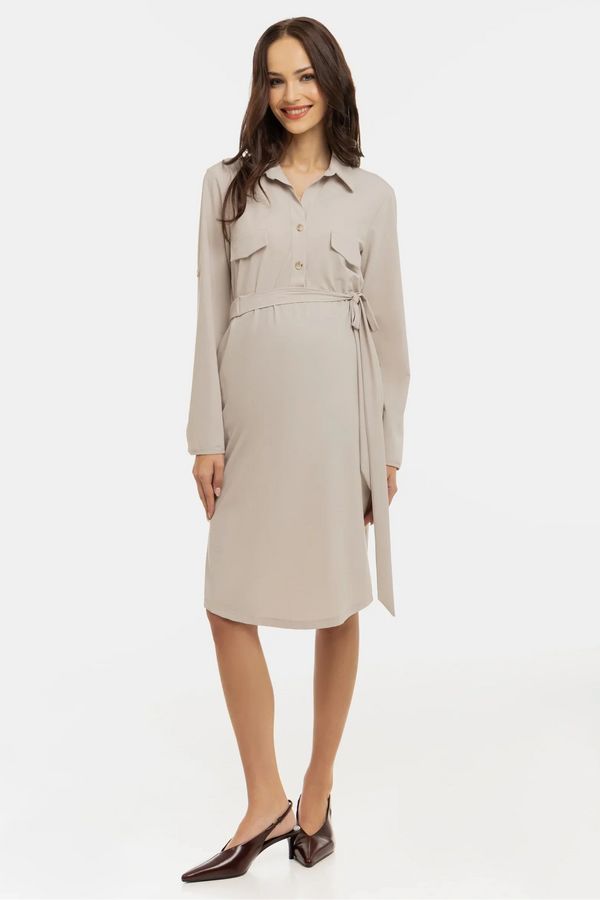 Rochie elastică cu guler pentru gravide și alăptare – bej