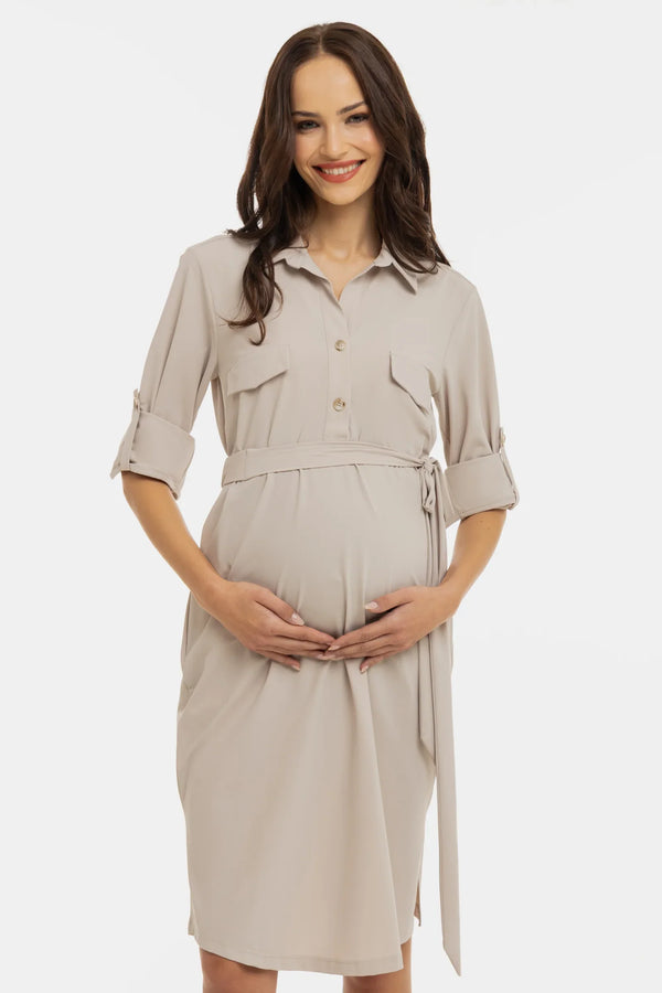 Rochie elastică cu guler pentru gravide și alăptare – bej