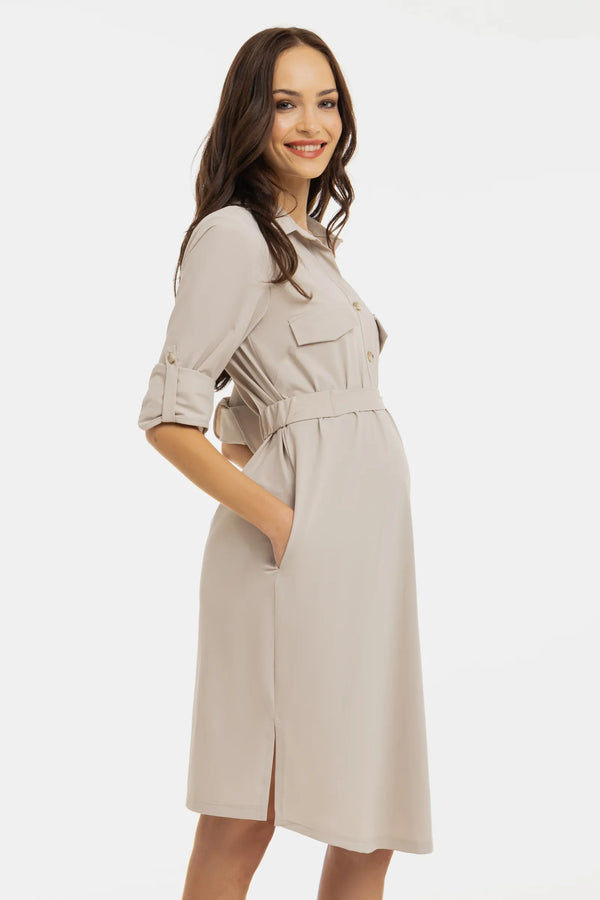 Rochie elastică cu guler pentru gravide și alăptare – bej