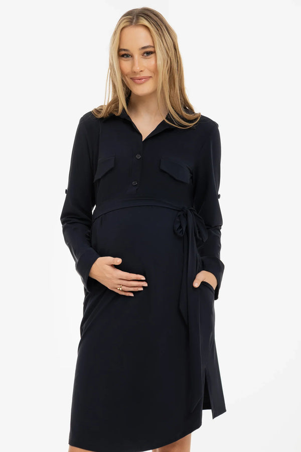 Rochie elastică cu guler pentru gravide și alăptare – bleumarin