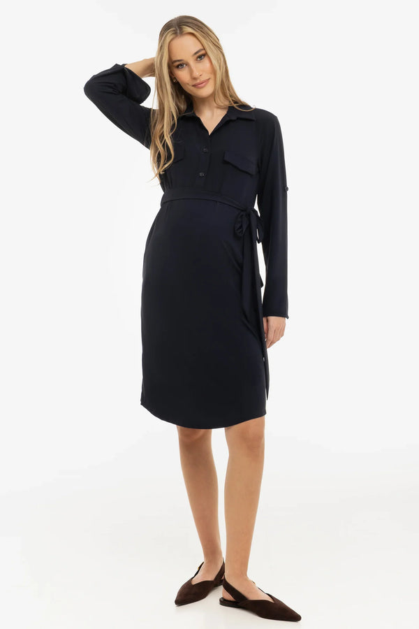 Rochie elastică cu guler pentru gravide și alăptare – bleumarin