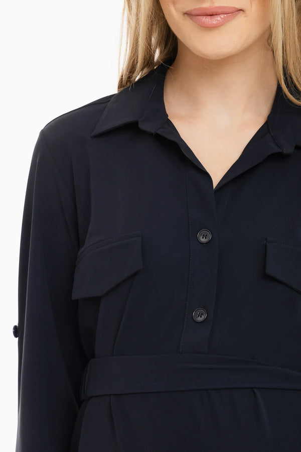 Rochie elastică cu guler pentru gravide și alăptare – bleumarin