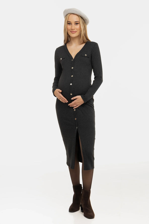 Rochie tricotată pentru gravide și alăptare cu nasturi – antracit