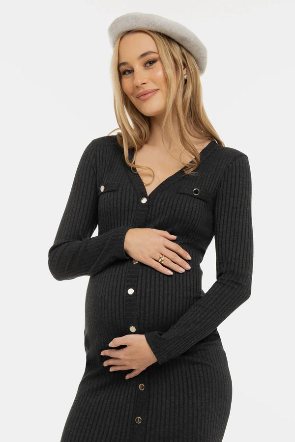 Rochie tricotată pentru gravide și alăptare cu nasturi – antracit