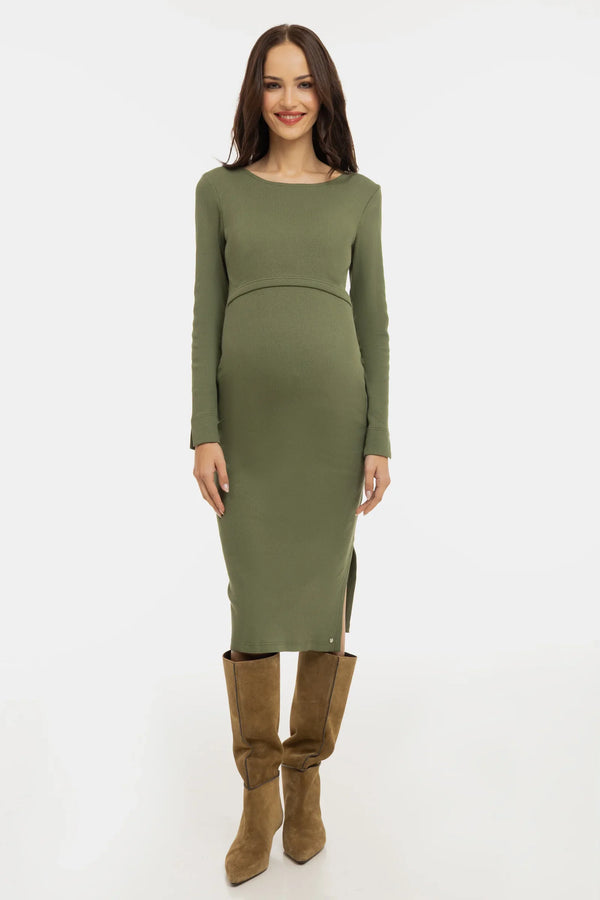 Rochie din bumbac ripsat pentru gravide și alăptare - verde măsliniu