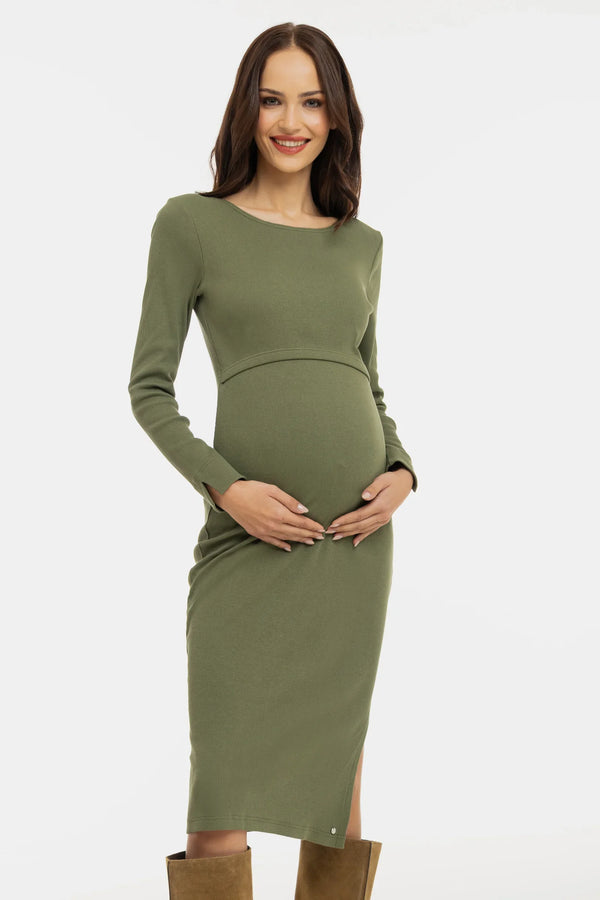 Rochie din bumbac ripsat pentru gravide și alăptare - verde măsliniu