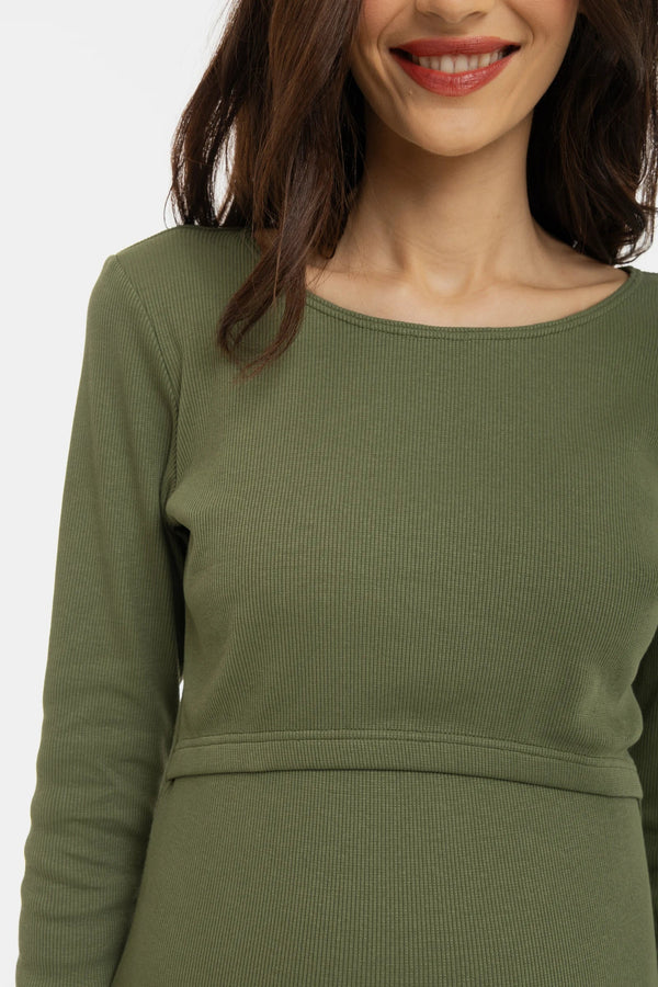 Rochie din bumbac ripsat pentru gravide și alăptare - verde măsliniu