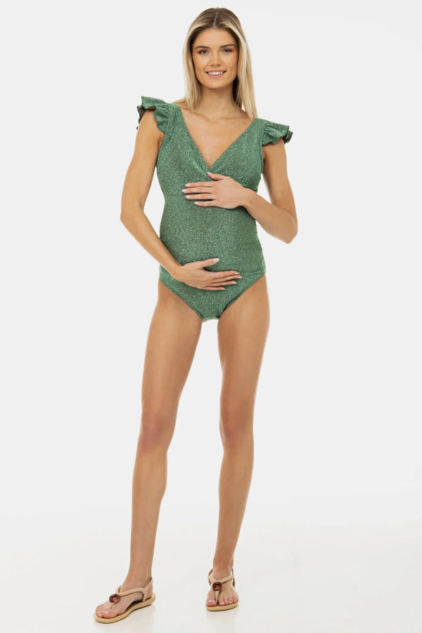 Costum de baie strălucitor pentru gravide și alăptare cu bretele largi cu volane