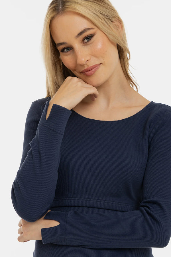 Rochie albastru închis cu nervuri pentru gravide și alăptare