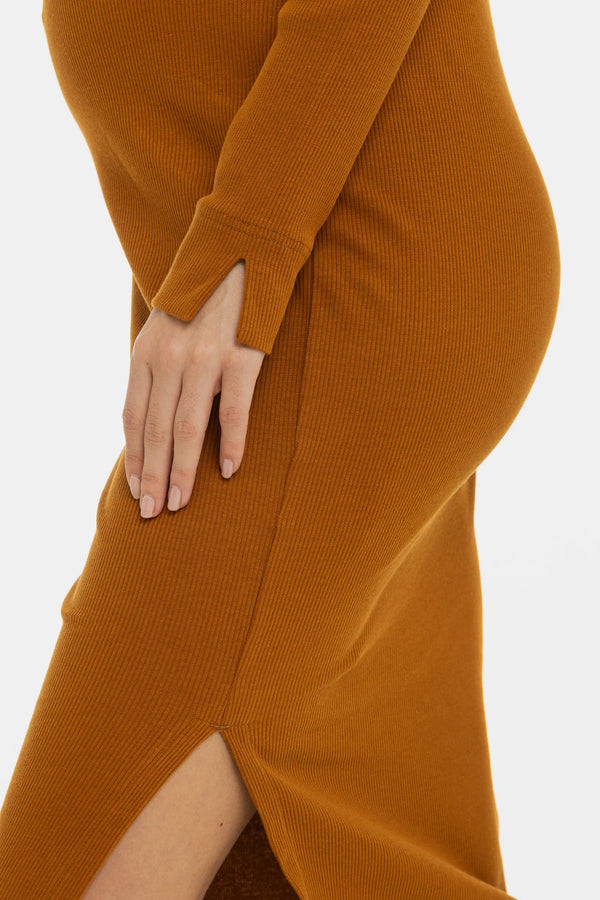 Rochie din bumbac ripsat pentru gravide și alăptare - caramel