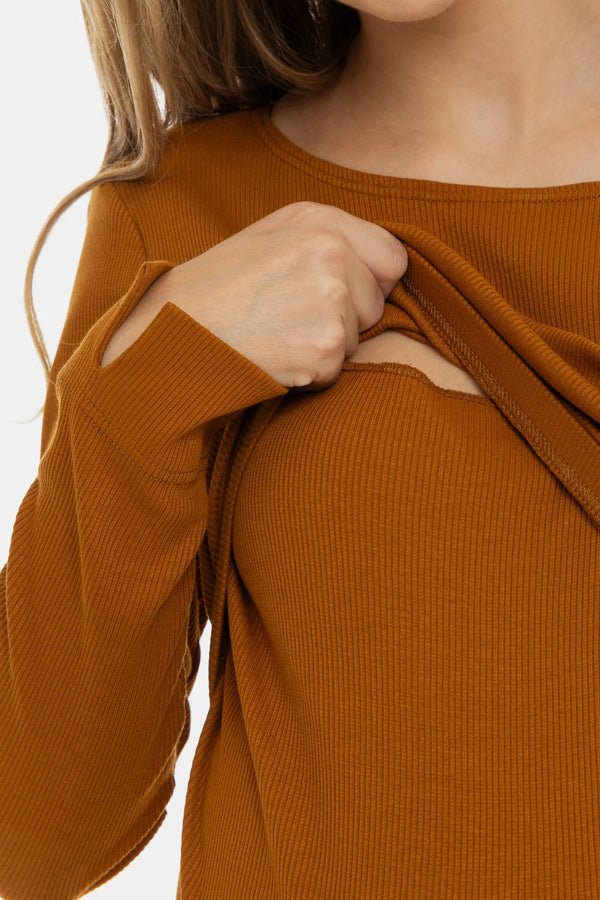 Rochie din bumbac ripsat pentru gravide și alăptare - caramel