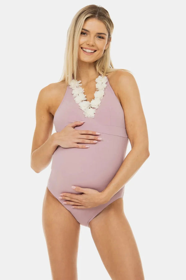Costum de baie pentru gravide cu aplicații cu flori în culoarea pudră