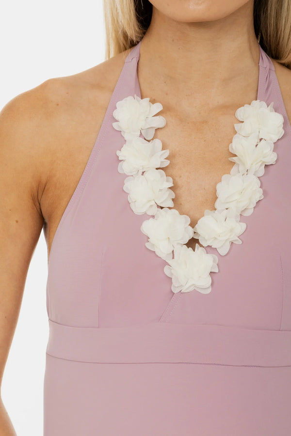 Costum de baie pentru gravide cu aplicații cu flori în culoarea pudră