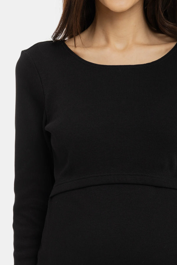 Rochie din bumbac ripsat pentru gravide și alăptare - neagră