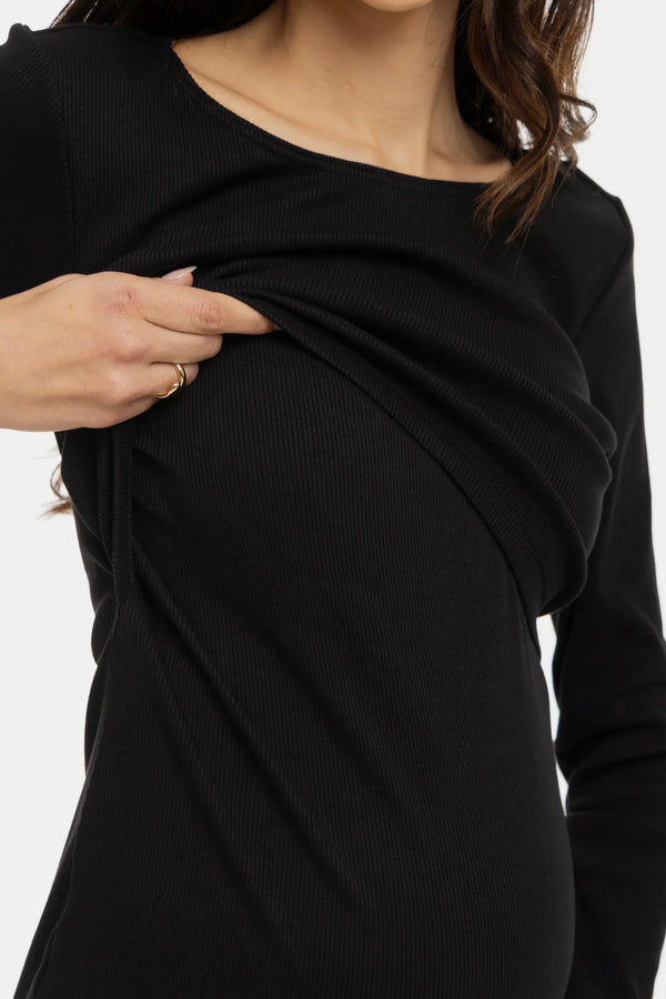 Rochie din bumbac ripsat pentru gravide și alăptare - neagră