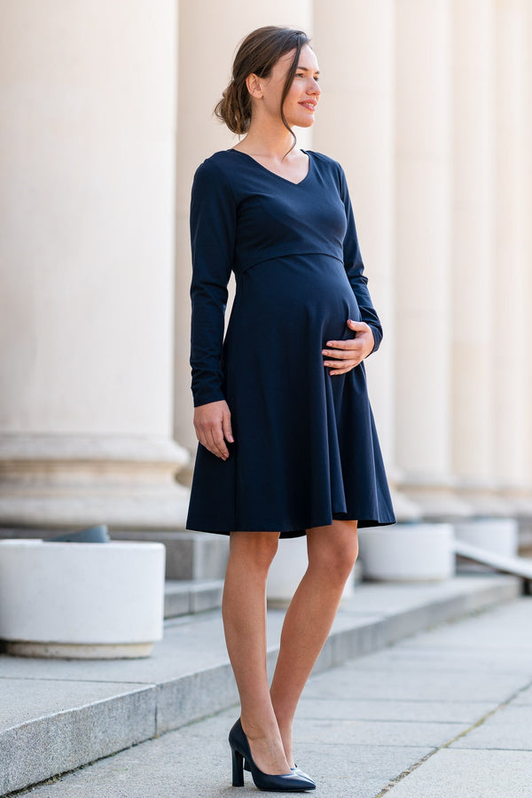 Rochie evazată din bumbac pentru gravide și alăptare – bleumarin