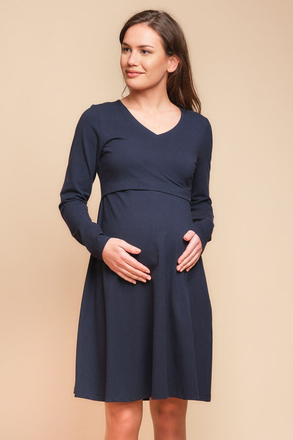 Rochie evazată din bumbac pentru gravide și alăptare – bleumarin