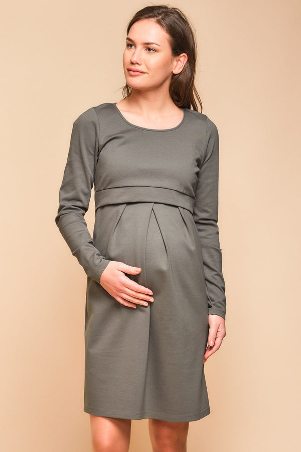 Rochie elegantă pentru gravide și alăptare cu mâneca lungă - khaki