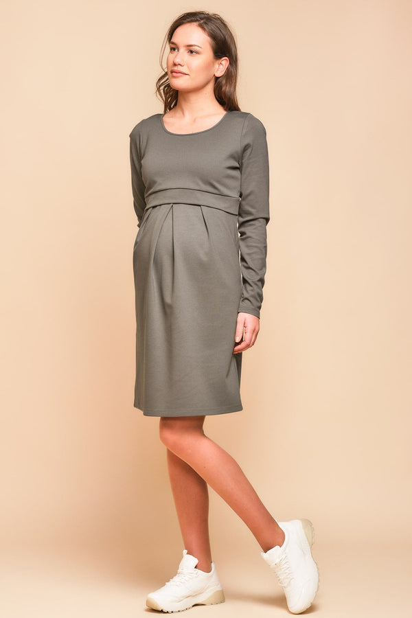 Rochie elegantă pentru gravide și alăptare cu mâneca lungă - khaki