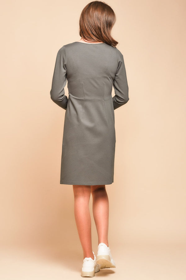 Rochie elegantă pentru gravide și alăptare cu mâneca lungă - khaki