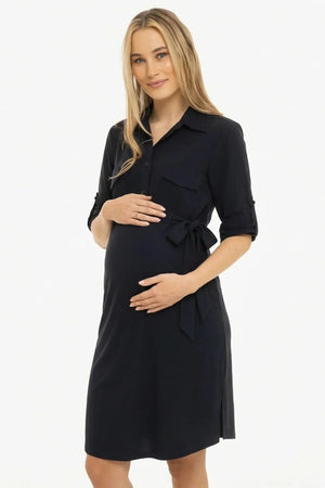 Maternity and nursing shirt-dress - navy rolled sleeves