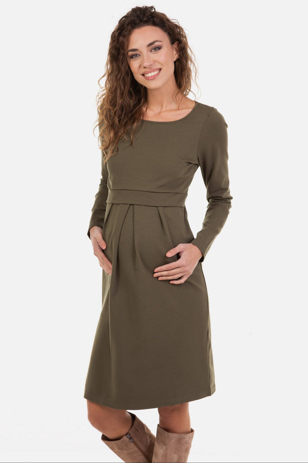 Rochie elegantă kaki pentru gravide și alăptare