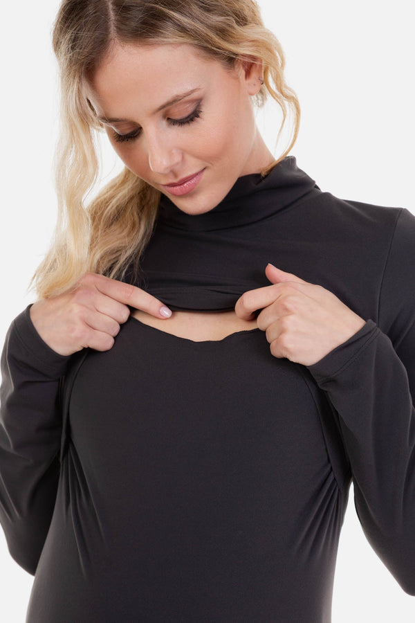 Rochie pentru gravide și alăptare cu guler înalt – gri închis
