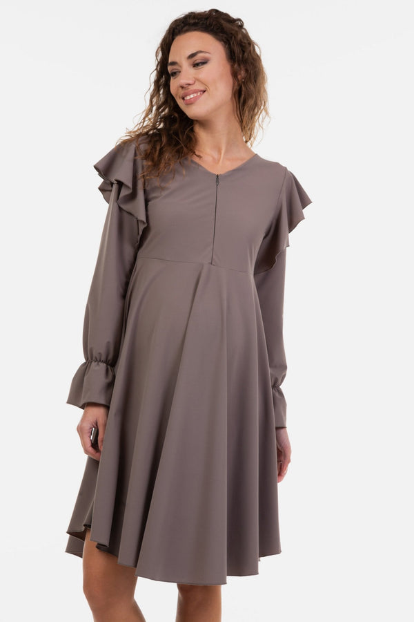 Rochie vaporoasă gravide și alăptare cu mâneca lungă - mocca